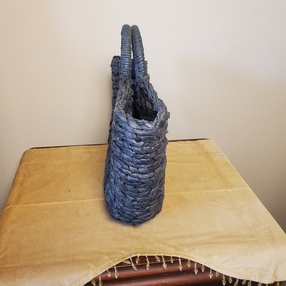 Bujibaja Charcoal Gray Woven Straw Fan Tote Bag Circular Handle Summer Beach - Picture 8 of 10